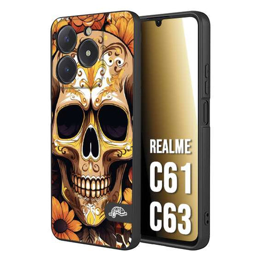 CUSTOMIZZA - Custodia cover nera morbida in tpu compatibile per Realme C61 - C63 teschio messicano colorato dorato fiori tattoo disegnato