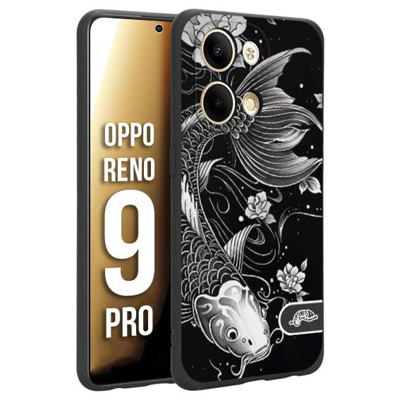 CUSTOMIZZA - Custodia cover nera morbida in tpu compatibile per Oppo Reno 9 PRO carpa koi black and white bianco a rilievo disegnato tattoo tatuaggio