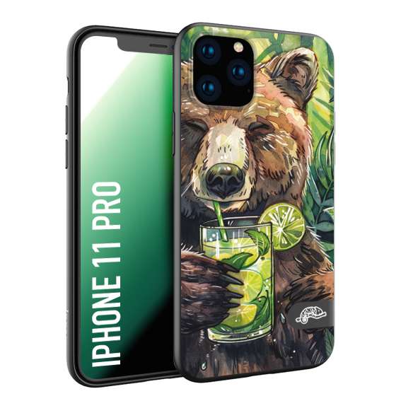 CUSTOMIZZA - Custodia cover nera morbida in tpu compatibile per iPhone 11 PRO estate disegnata cocktails animali simpatici orso bear negroni