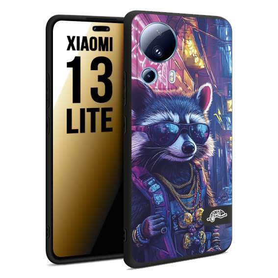 CUSTOMIZZA - Custodia cover nera morbida in tpu compatibile per Xiaomi 13 LITE animali simpatici cyberpunk procione racoon street cat fucsia blu giallo