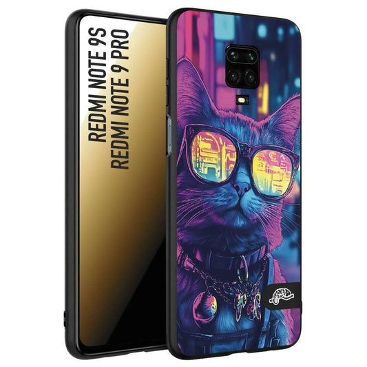 CUSTOMIZZA - Custodia cover nera morbida in tpu compatibile per Xiaomi Redmi Note 9S - Note 9 PRO animali cyberpunk gatto street cat fucsia blu giallo