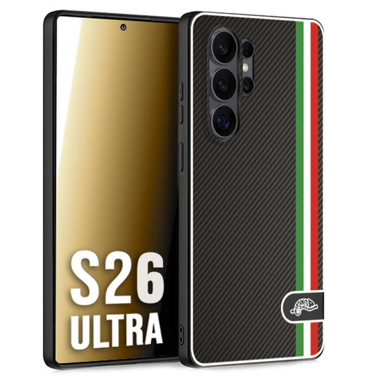 CUSTOMIZZA - Custodia cover nera morbida in tpu compatibile per Samsung S26 ULTRA effetto fibra di carbonio bandiera Italia made in Italy