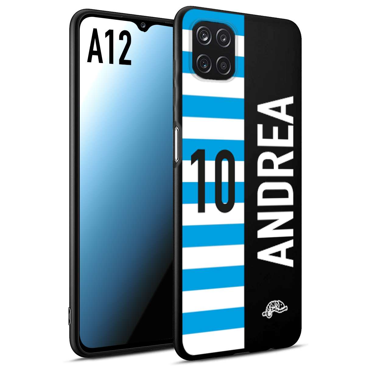 CUSTOMIZZA - Custodia cover nera morbida in tpu compatibile per Samsung A12 personalizzata calcio football nome e numero calciatori biancazzurri