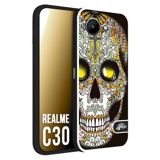 CUSTOMIZZA - Custodia cover nera morbida in tpu compatibile per Oppo Realme C30 teschio messicano Mexican skull bianco verde giallo