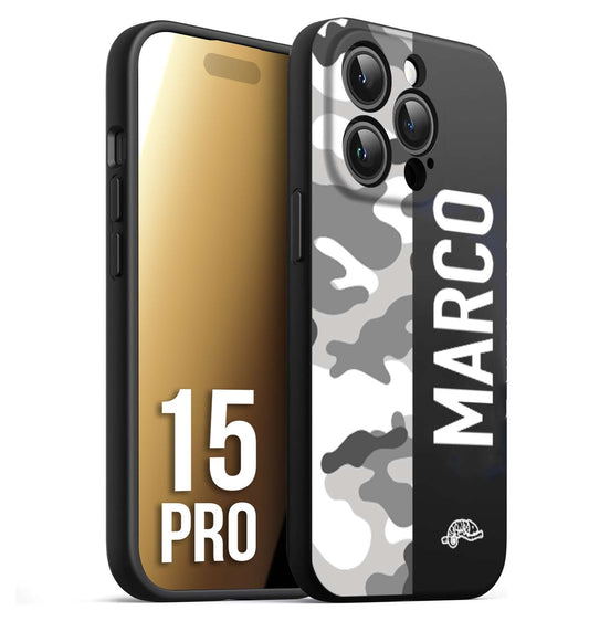 CUSTOMIZZA - Custodia cover nera morbida in tpu compatibile per iPhone 15 PRO camouflage mimetico militare personalizzata nome bianco