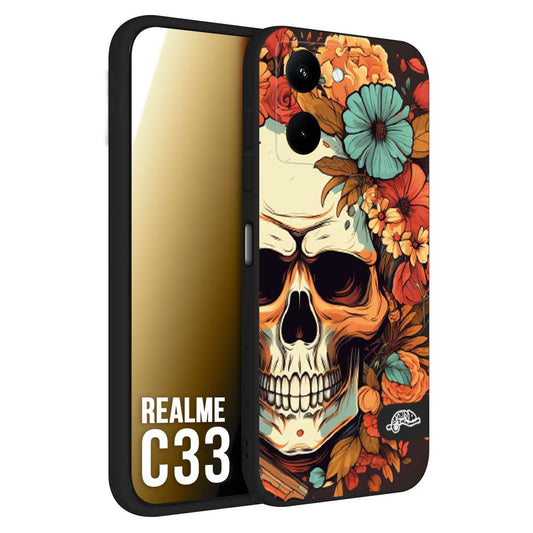 CUSTOMIZZA - Custodia cover nera morbida in tpu compatibile per Oppo Realme C33 teschio skull flowers fiori autunnali arancio celeste tattoo