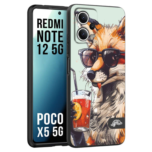 CUSTOMIZZA - Custodia cover nera morbida in tpu compatibile per Xiaomi Redmi Note 12 - POCO X5 5G estate disegnata cocktails animali simpatici fox volpe negroni