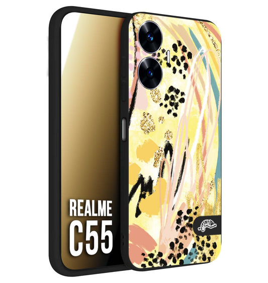 CUSTOMIZZA - Custodia cover nera morbida in tpu compatibile per Realme C55 astratti donna flower fantasia estate gialla rosa leopardata