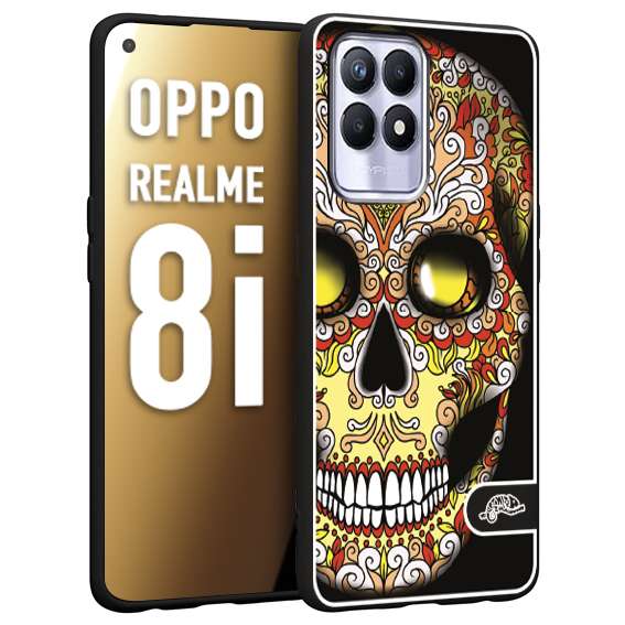 CUSTOMIZZA - Custodia cover nera morbida in tpu compatibile per Realme 8i teschio messicano Mexican skull giallo rosso arancio