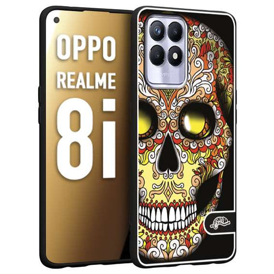 CUSTOMIZZA - Custodia cover nera morbida in tpu compatibile per Realme 8i teschio messicano Mexican skull giallo rosso arancio