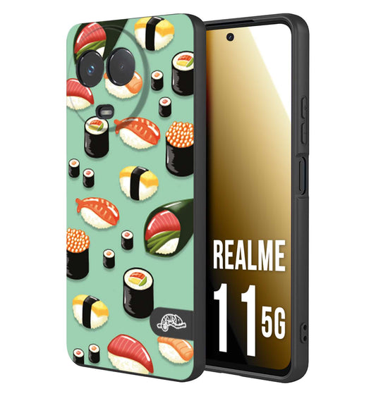 CUSTOMIZZA - Custodia cover nera morbida in tpu compatibile per Oppo Realme 11 5G sushi disegni giapponese nighiri acquamarina verde