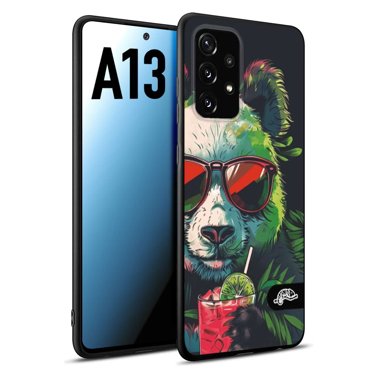 CUSTOMIZZA - Custodia cover nera morbida in tpu compatibile per Samsung A13 estate disegnata cocktails animali simpatici panda mojito