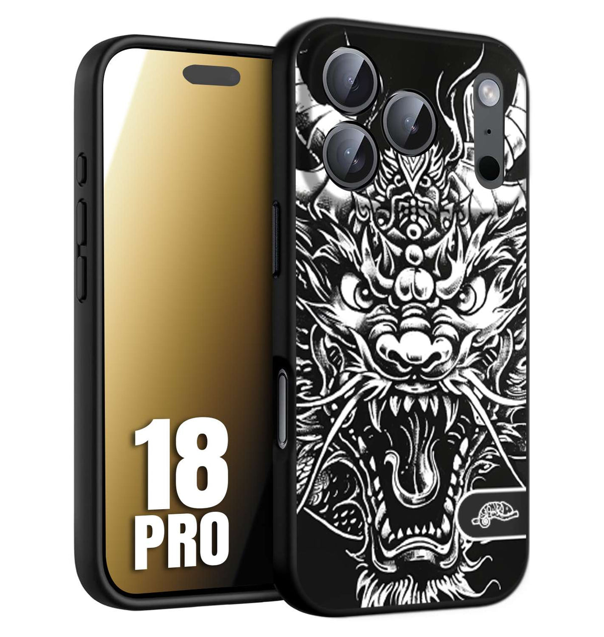 CUSTOMIZZA - Custodia cover nera morbida in tpu compatibile per iPhone 18 PRO drago black and white bianco a rilievo disegnato tattoo tatuaggio