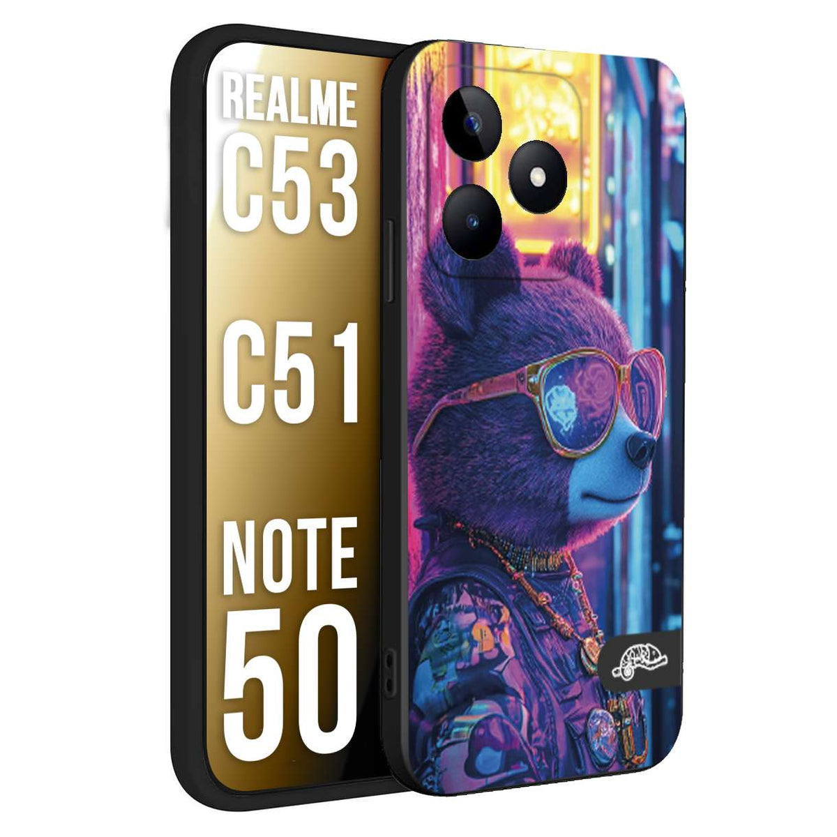 CUSTOMIZZA - Custodia cover nera morbida in tpu compatibile per Realme C53 - C51 - NOTE 50 animali cyberpunk orsetto orso street bear fucsia blu night