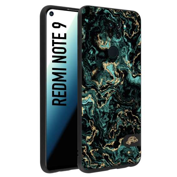 CUSTOMIZZA - Custodia cover nera morbida in tpu compatibile per Xiaomi Redmi Note 9 effetto marmo marble verde green venature dorato pietra