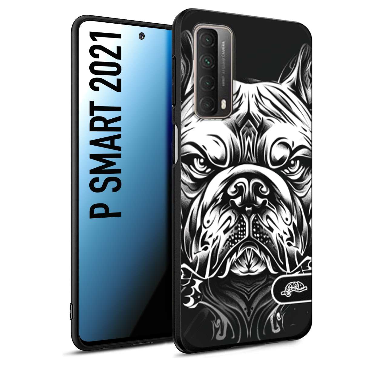 CUSTOMIZZA - Custodia cover nera morbida in tpu compatibile per Huawei P Smart 2021 bulldog bianco a rilievo disegnato tattoo tatuaggio