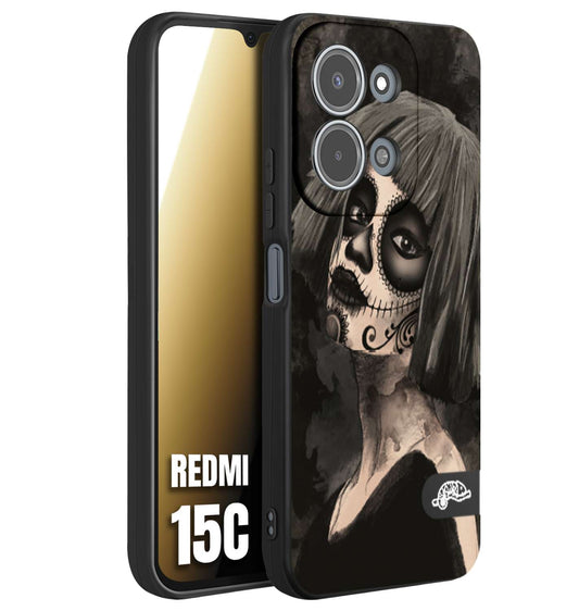 CUSTOMIZZA - Custodia cover nera morbida in tpu compatibile per Xiaomi Redmi 15C chicana messicana dea de la muerte donna santa tattoo disegnata