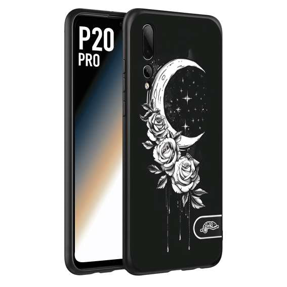 CUSTOMIZZA - Custodia cover nera morbida in tpu compatibile per Huawei P20 PRO luna e fiori moon flowers black and white bianco a rilievo disegnato tattoo tatuaggio