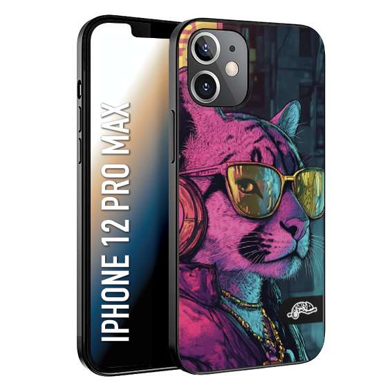CUSTOMIZZA - Custodia cover nera morbida in tpu compatibile per iPhone 12 PRO MAX animali cyberpunk pantera street cat fucsia blu giallo