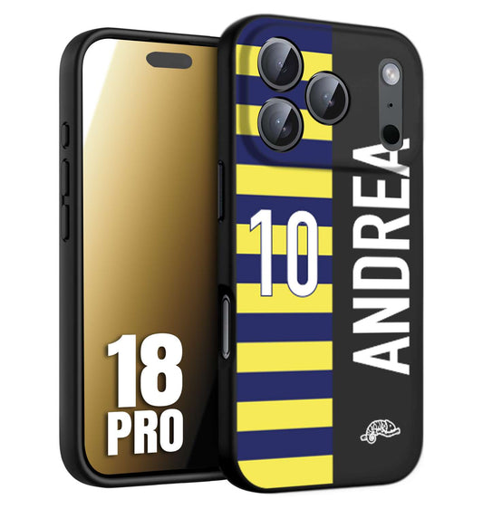CUSTOMIZZA - Custodia cover nera morbida in tpu compatibile per iPhone 18 PRO personalizzata calcio football nome e numero calciatori giallo blu