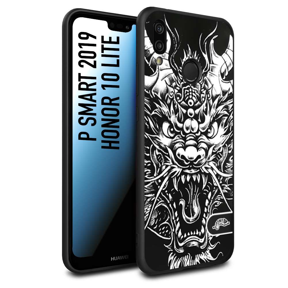 CUSTOMIZZA - Custodia cover nera morbida in tpu compatibile per Huawei P Smart 2019 drago black and white bianco a rilievo disegnato tattoo tatuaggio