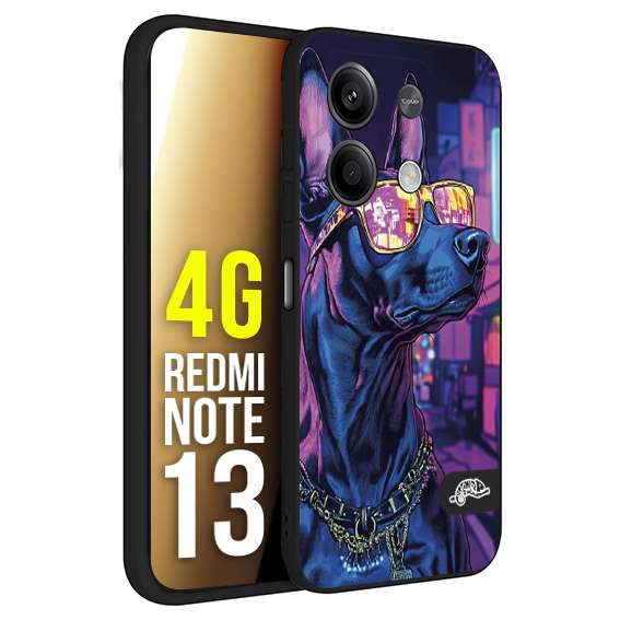 CUSTOMIZZA - Custodia cover nera morbida in tpu compatibile per Xiaomi Redmi Note 13 4G animali cyberpunk dobermann cane street dog fucsia blu night