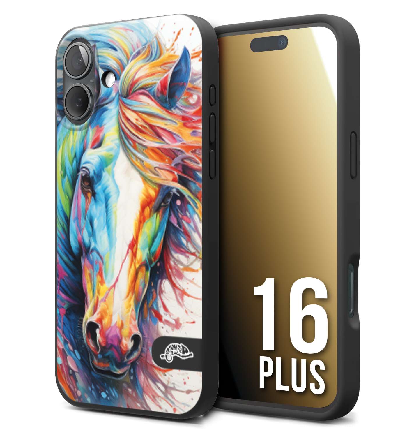 CUSTOMIZZA - Custodia cover nera morbida in tpu compatibile per iPhone 16 PLUS animali color cavallo horse viso colori vibranti disegnato schizzo