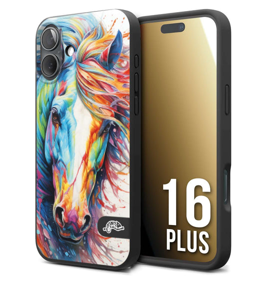 CUSTOMIZZA - Custodia cover nera morbida in tpu compatibile per iPhone 16 PLUS animali color cavallo horse viso colori vibranti disegnato schizzo