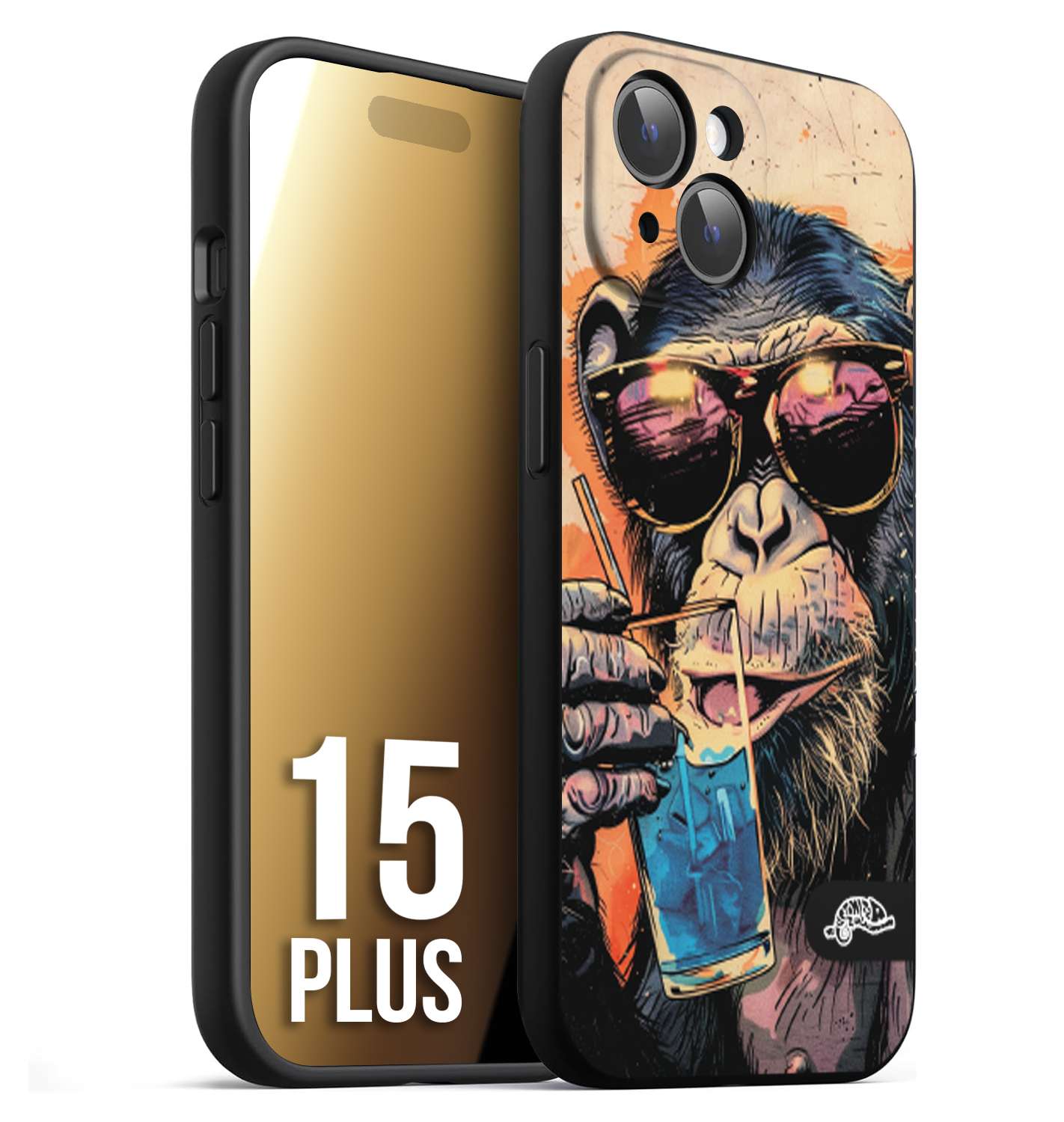 CUSTOMIZZA - Custodia cover nera morbida in tpu compatibile per iPhone 15 PLUS estate disegnata cocktails animali simpatici scimmia monkey negroni