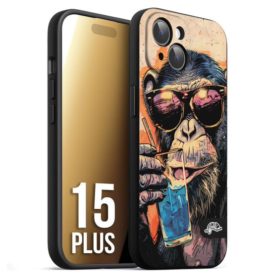 CUSTOMIZZA - Custodia cover nera morbida in tpu compatibile per iPhone 15 PLUS estate disegnata cocktails animali simpatici scimmia monkey negroni