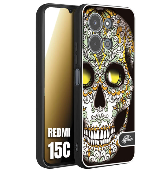 CUSTOMIZZA - Custodia cover nera morbida in tpu compatibile per Xiaomi Redmi 15C teschio messicano Mexican skull bianco verde giallo
