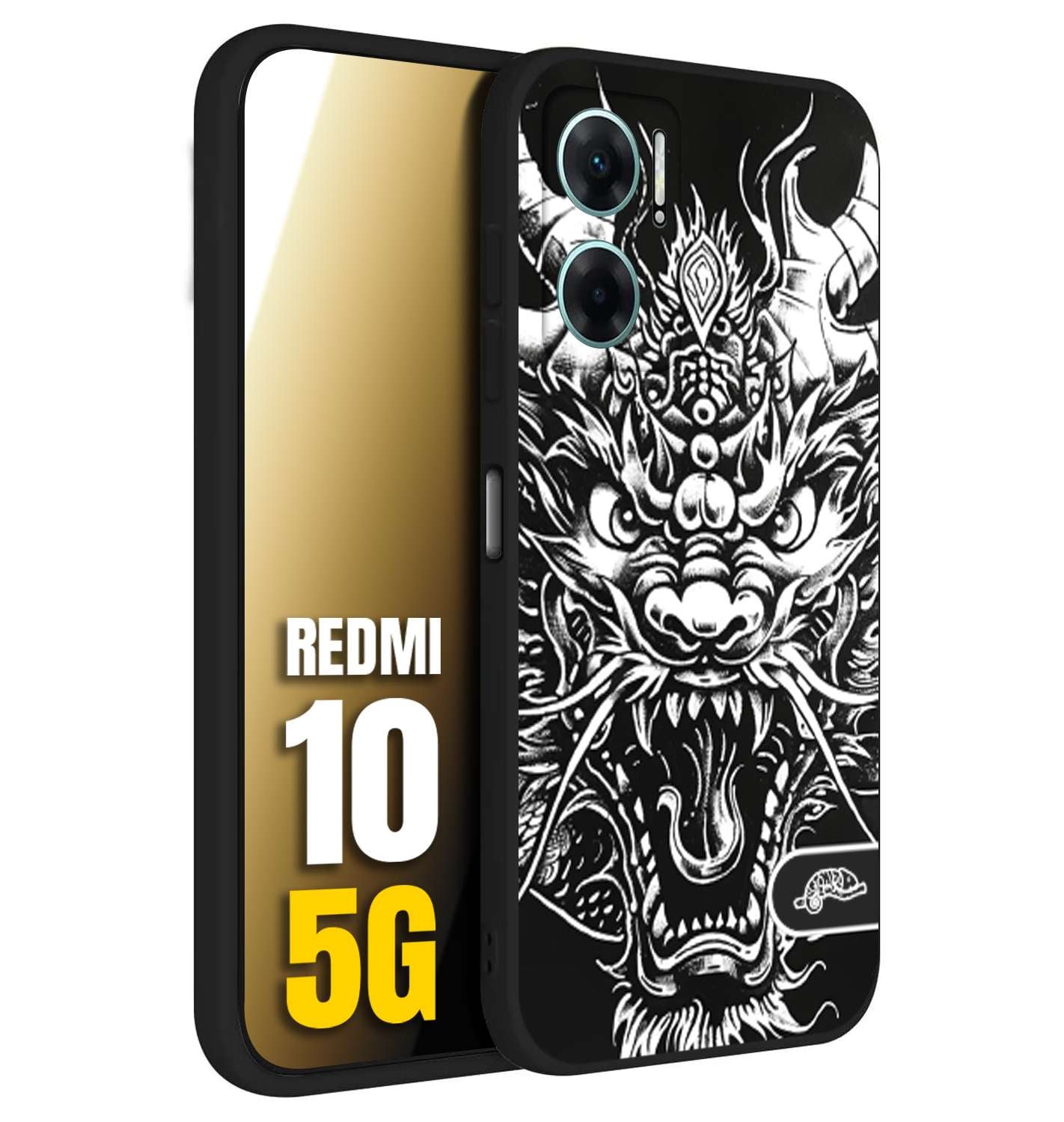 CUSTOMIZZA - Custodia cover nera morbida in tpu compatibile per Xiaomi Redmi 10 5G drago black and white bianco a rilievo disegnato tattoo tatuaggio