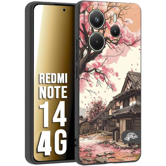 CUSTOMIZZA - Custodia cover nera morbida in tpu compatibile per Xiaomi Redmi Note 14 4G casa giapponese rosa ciliegio in fiore disegnata tattoo
