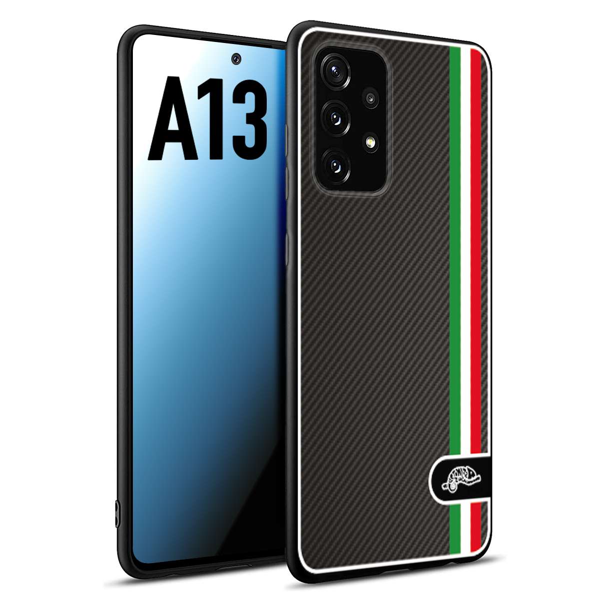 CUSTOMIZZA - Custodia cover nera morbida in tpu compatibile per Samsung A13 effetto fibra di carbonio bandiera Italia made in Italy