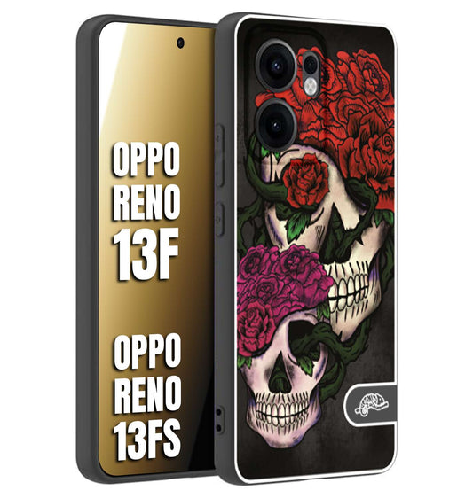 CUSTOMIZZA - Custodia cover nera morbida in tpu compatibile per Oppo Reno 13 F teschi e rose rosse fucsia skull and roses