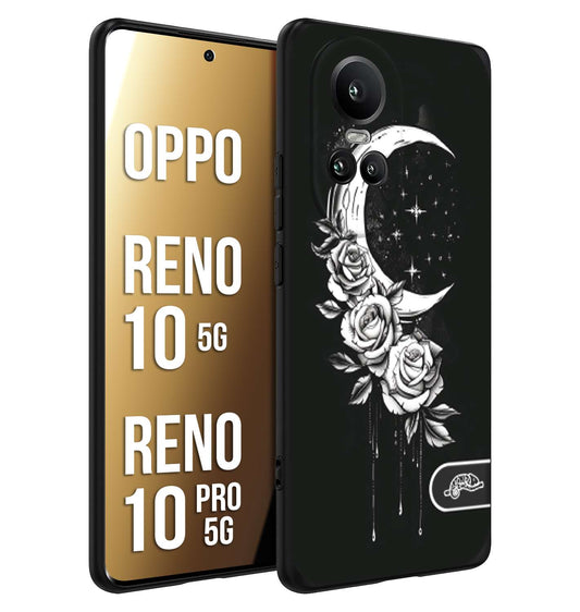 CUSTOMIZZA - Custodia cover nera morbida in tpu compatibile per Oppo Reno 10 5G - 10 PRO 5G luna e fiori moon flowers black and white bianco a rilievo disegnato tattoo tatuaggio