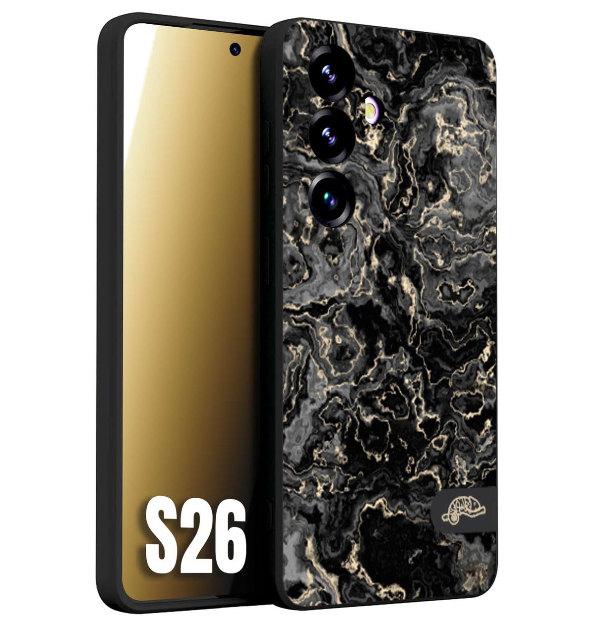 CUSTOMIZZA - Custodia cover nera morbida in tpu compatibile per Samsung S26 effetto marmo marble nero black venature dorato pietra