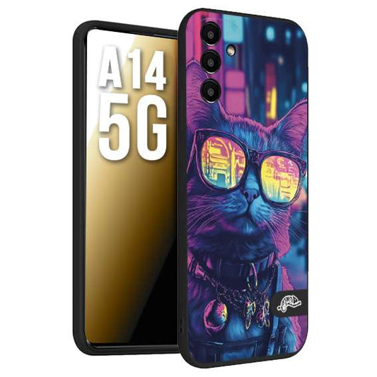 CUSTOMIZZA - Custodia cover nera morbida in tpu compatibile per Samsung A14 5G animali cyberpunk gatto street cat fucsia blu giallo