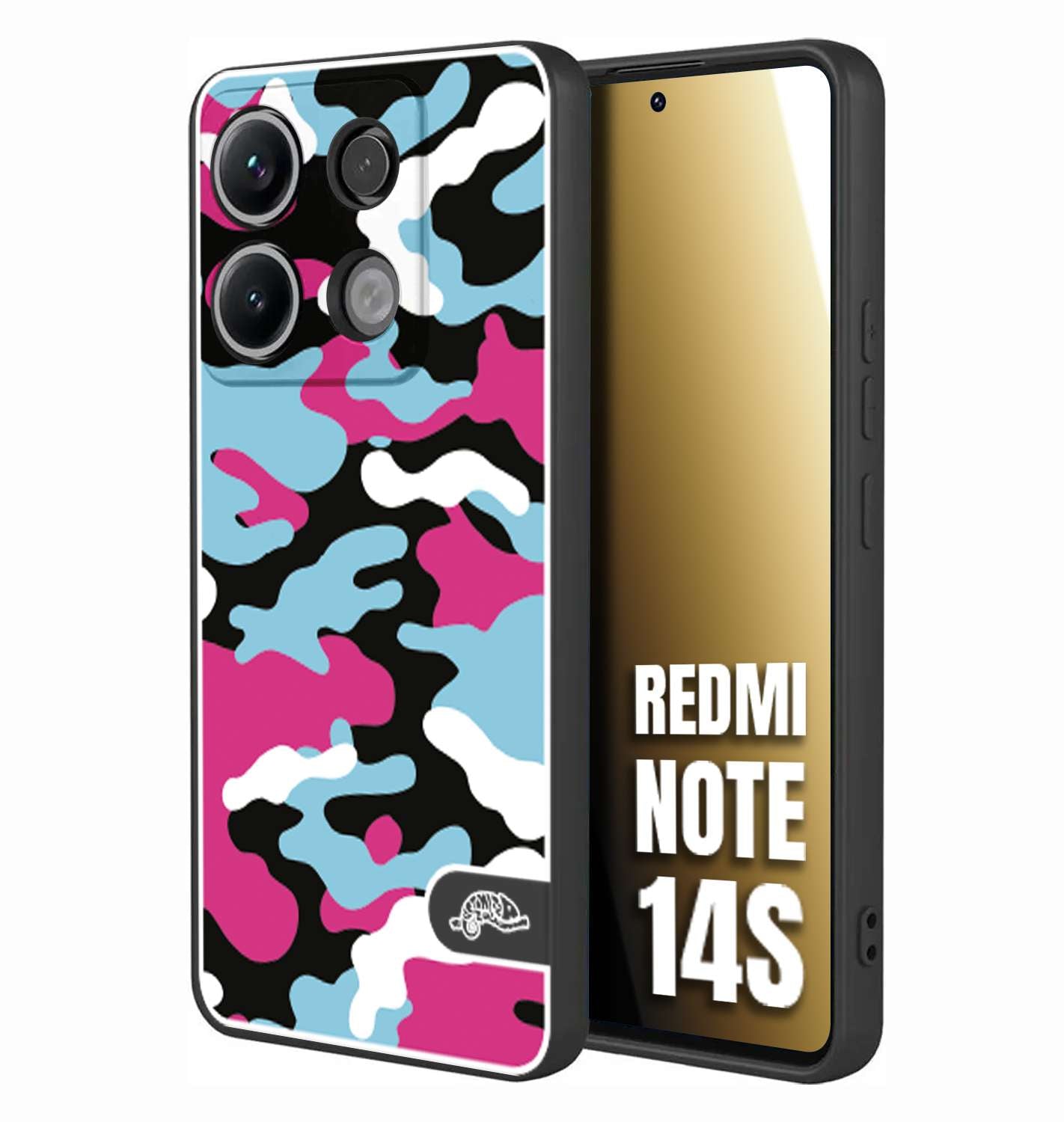 CUSTOMIZZA - Custodia cover nera morbida in tpu compatibile per Xiaomi Redmi Note 14S camouflage mimetico militare fucsia celeste