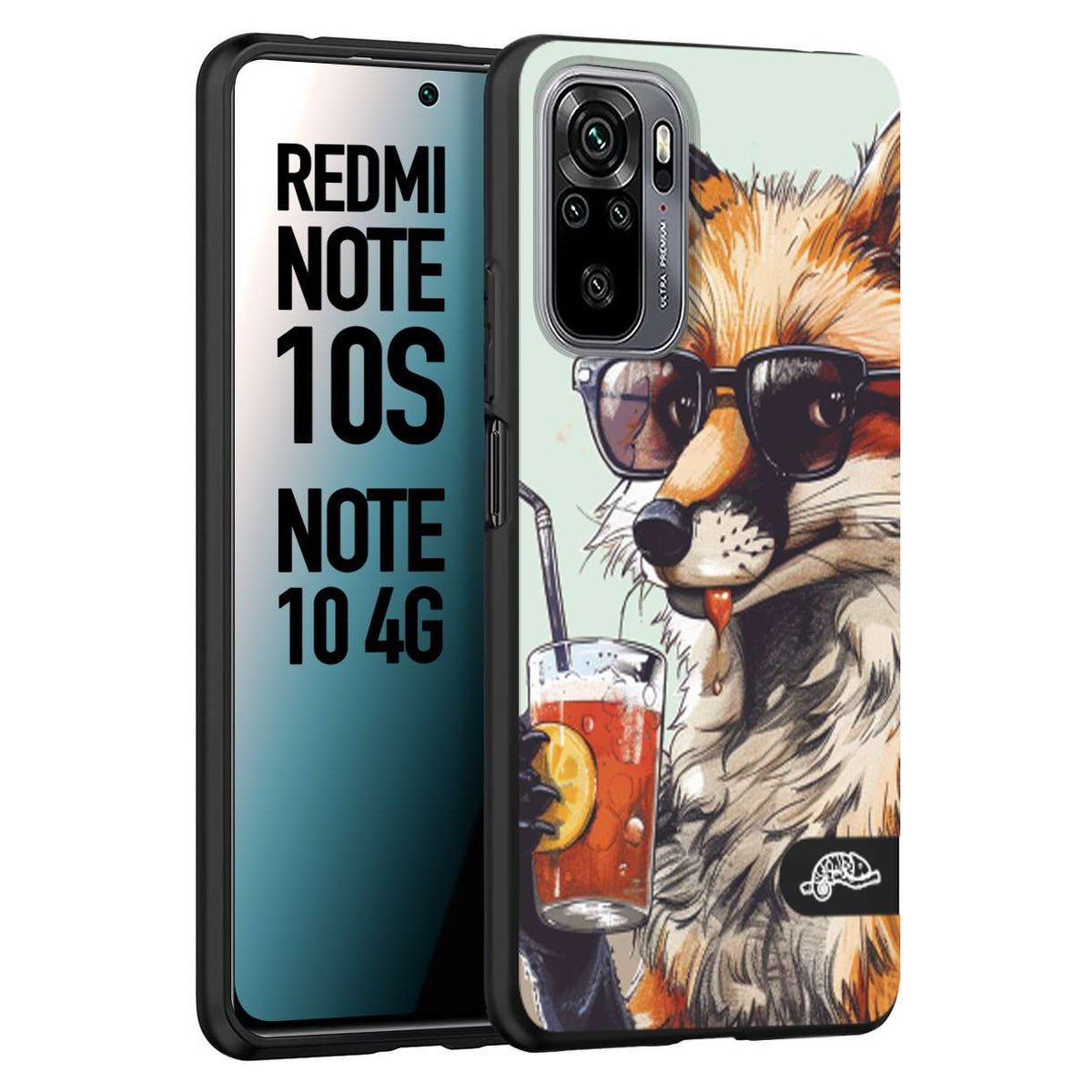 CUSTOMIZZA - Custodia cover nera morbida in tpu compatibile per Xiaomi Redmi Note 10S estate disegnata cocktails animali simpatici fox volpe negroni