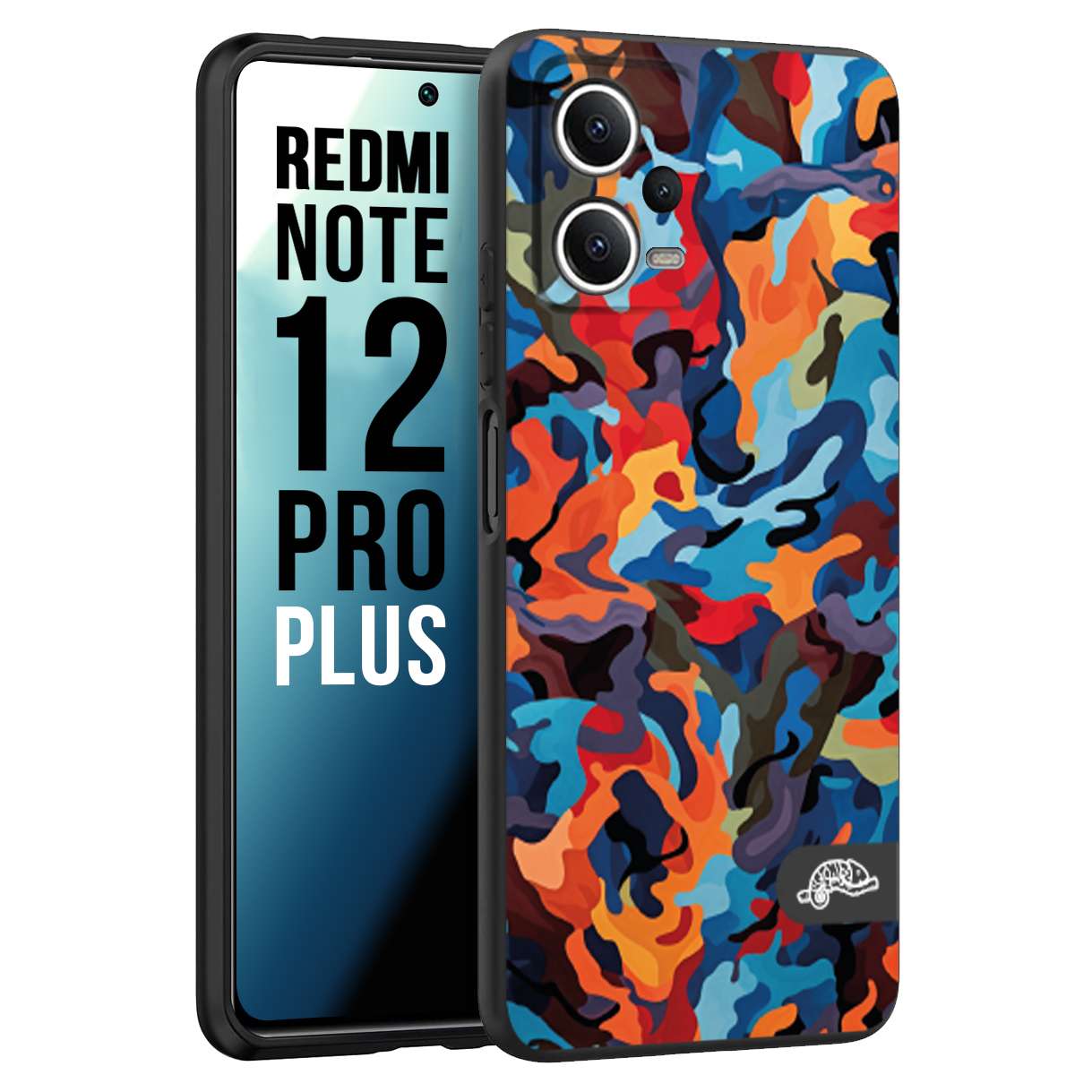 CUSTOMIZZA - Custodia cover nera morbida in tpu compatibile per Xiaomi Redmi Note 12 PRO PLUS camouflage mimetico militare moderno blu arancio rosso