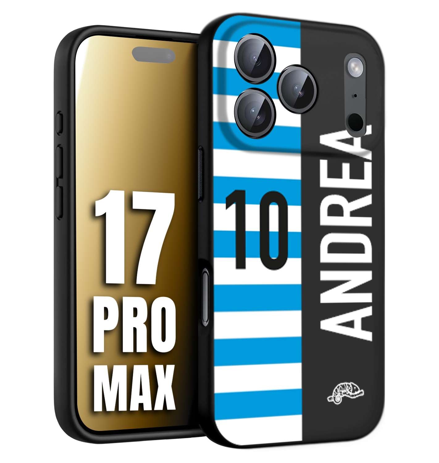 CUSTOMIZZA - Custodia cover nera morbida in tpu compatibile per iPhone 17 PRO MAX personalizzata calcio football nome e numero calciatori biancazzurri