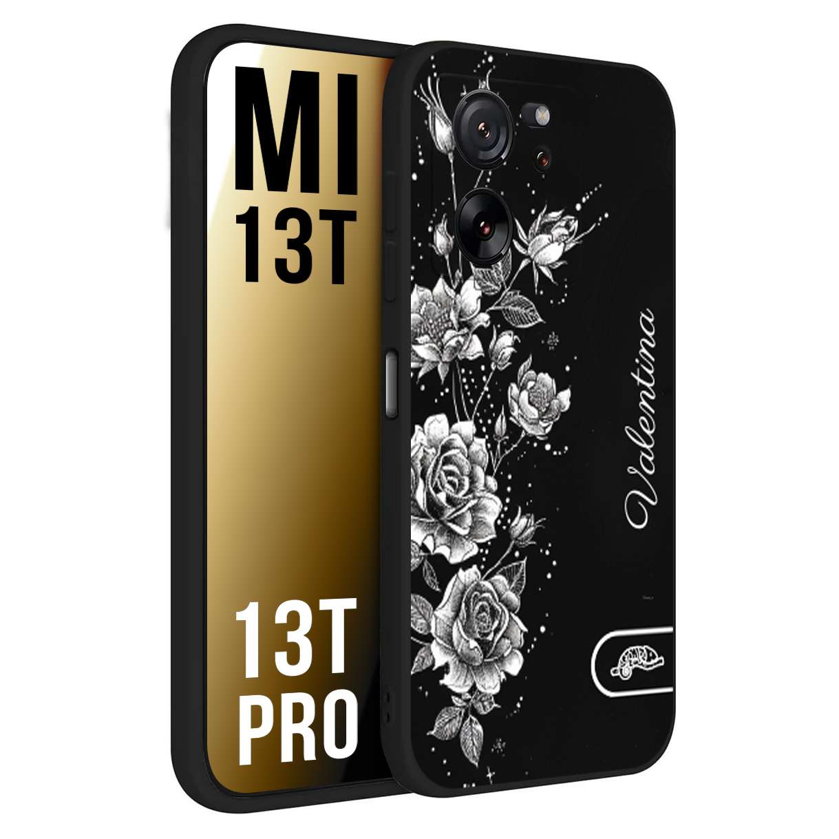 CUSTOMIZZA - Custodia cover nera morbida in tpu compatibile per Xiaomi 13T - 13T PRO a rilievo soft touch personalizzata nome rose fiori donna