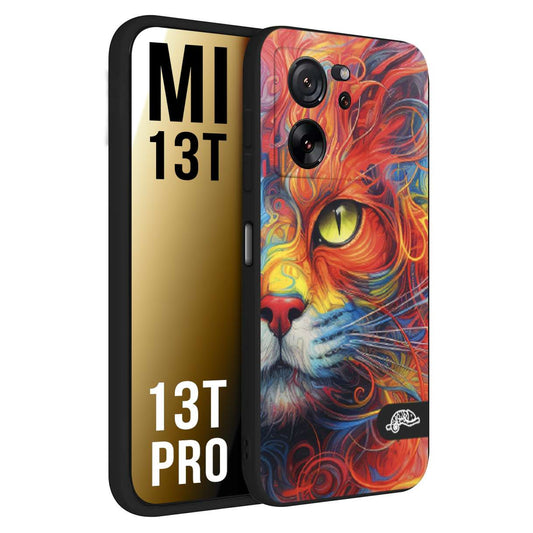 CUSTOMIZZA - Custodia cover nera morbida in tpu compatibile per Xiaomi 13T - 13T PRO animali color cat gatto viso colori vibranti disegnato schizzo