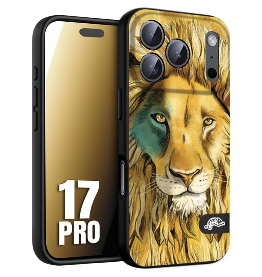 CUSTOMIZZA - Custodia cover nera morbida in tpu compatibile per iPhone 17 PRO leone lion disegnato a mano giallo blu a rilievo artistico brown