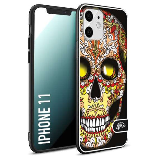 CUSTOMIZZA - Custodia cover nera morbida in tpu compatibile per iPhone 11 teschio messicano Mexican skull giallo rosso arancio