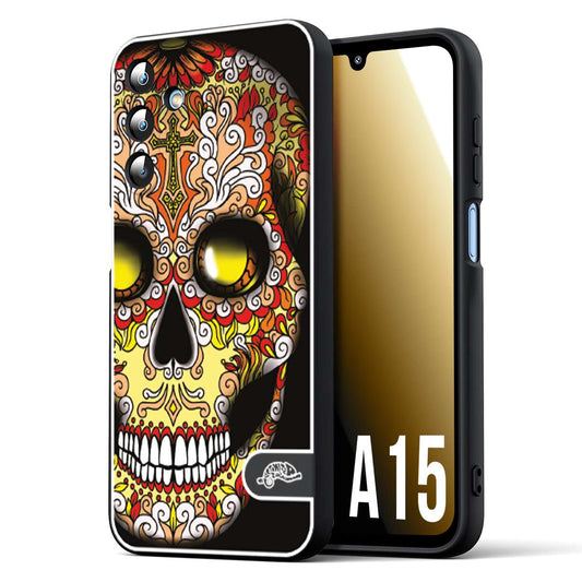 CUSTOMIZZA - Custodia cover nera morbida in tpu compatibile per Samsung A15 5G teschio messicano Mexican skull giallo rosso arancio