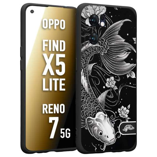 CUSTOMIZZA - Custodia cover nera morbida in tpu compatibile per Oppo Reno 7 - Find X5 LITE carpa koi black and white bianco a rilievo disegnato tattoo tatuaggio