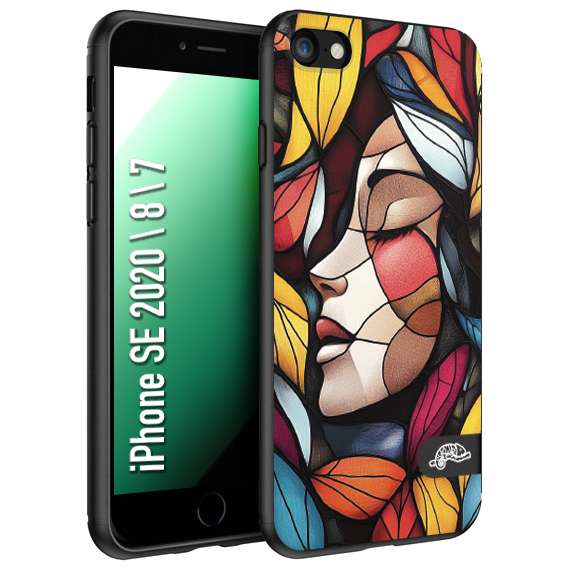 CUSTOMIZZA - Custodia cover nera morbida in tpu compatibile per iPhone 7 - 8 - SE 2020 / 2022 Vetrata artistica volto di donna profilo fogliare mosaico di vetro colorato