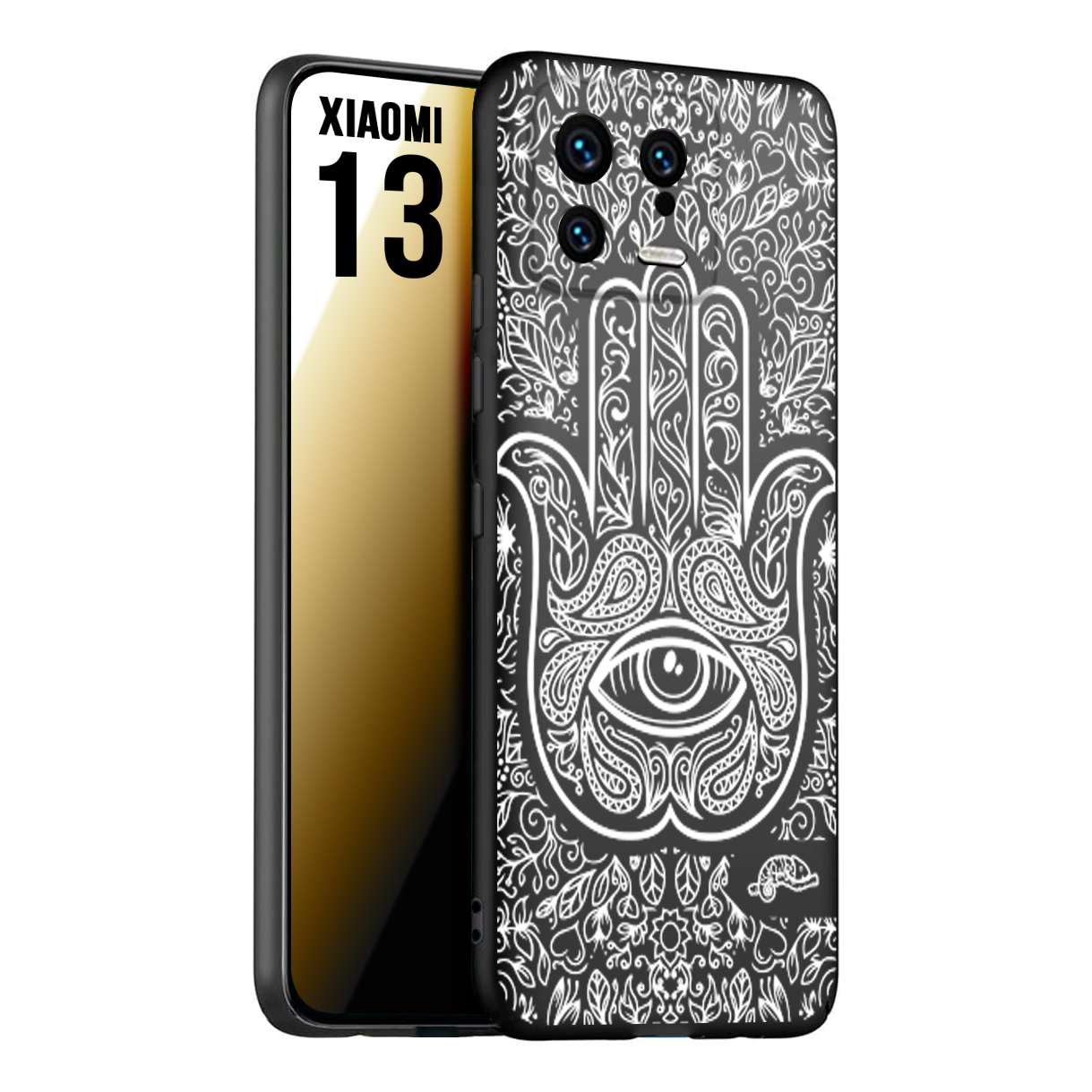 CUSTOMIZZA - Custodia cover nera morbida in tpu compatibile per Xiaomi 13 mano di fatima effetto rilievo mandala donna